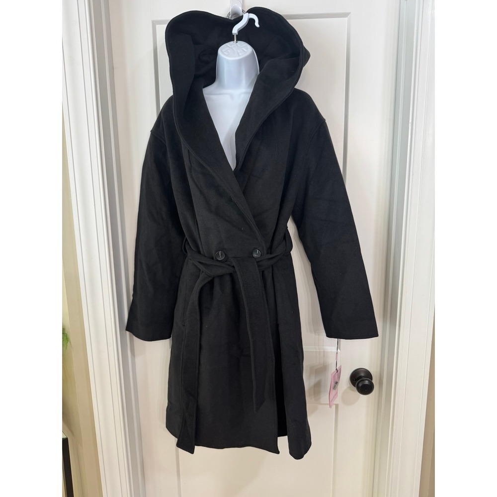 Anthropologie Avec Les Filles Black Coat Sz Medium Womens 1 Button Belted Hood